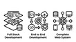 © MAHMUDA  - Software development process flow icons set showing full stack development end to end development and complete web system concepts with development software programming infrastructure engineering