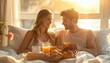 © Vladimir Petro - Young Couple Enjoying Romantic Breakfast in Bed at Sunrise.