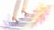 © Diamond Fuji - ヒールを履いた女性が光差す階段を一歩ずつ上る様子を描いたステップアップや成功をイメージさせる水彩画イラスト