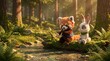 © Sewiwi - Cute animated red panda and rabbit friends in a vibrant forest setting