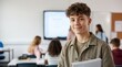 © Eve - Handsome teenage boy student with curly hair holding notebook in high school classroom setting. Commercial portrait of smiling youth teenager pupil learning for education background.