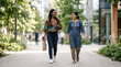 © AP focus - Two people with different cultural styles walking side by side, soft natural light, blurred simple background, modern inclusive lifestyle advertising scene