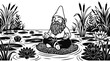 © Haisarun - A serene garden gnome meditating on a lily pad in a peaceful pond surrounded by blooming lotus flower blossoms and reeds.