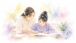 © Diamond Fuji - 笑顔で一緒に勉強する母親と娘、家庭での温かい学習風景や親子の絆を描いた水彩イラスト