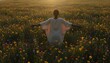 © QuoDesign - Young woman standing in a blooming wildflower meadow with arms outstretched during golden hour, experiencing a moment of pure freedom and peace
