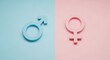 © Dencaw - Male and female gender symbols on blue pink background.