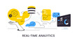 © wowomnom - Big data analytics and cloud server monitoring vector banner, flat line art hand and database storage with charts on monitor, speech bubbles with gears and binary code