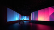 © Lustre Art Group  - Group of visitors in dark immersive gallery with blue and magenta projection walls, neon glow, and wide composition. Fits museum promotion, art events, and technology branding.