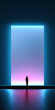 © Lustre Art Group  - Person faces immersive digital portal with blue and pink gradient glow, centered composition, reflective floor, and large copy space. Fits metaverse, XR, and digital interface campaigns.