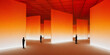 © Lustre Art Group  - People move through immersive orange-lit space with glowing panels, soft haze, and layered depth. Fits spatial computing, digital experience design, and technology event campaigns.