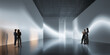 © Lustre Art Group  - People stand in minimalist white immersive room with abstract light projections, soft haze, reflective floor, and spacious layout. Fits spatial design, tech demos, and digital experience campaigns.