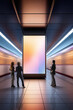 © Lustre Art Group  - People stand beside glowing digital interface in futuristic transit space with motion blur, warm light, and symmetrical depth. Fits smart mobility, urban tech, and digital systems campaigns.