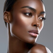 © visoot - Elegant black woman angular face glowing skin beauty portrait, high fidelity, soft lighting, natural makeup, confident expression