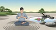 © Safia - Meditator sits in a cross-legged position within a serene zen garden featuring a pond and bonsai trees.