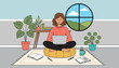 © Desmond - Woman working on her laptop while sitting cross-legged on a cozy round yellow cushion in a beautifully decorated room.