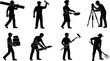 © Sirajul - Professional labor and blue collar occupations silhouettes set featuring carpenter mechanic chef land surveyor courier painter and farmer workers