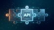 © emwe studio - Application programming interface digital connection. Glowing blue tech puzzle pieces merging to symbolize software development, seamless network integration and database exchange.