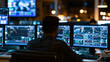 © pisan thailand - Back view of a person at a desk with multiple monitors showing data
