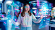 © Rendara Studio - Teenage girl interacting with augmented reality portals and floating virtual islands