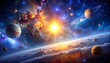 © brama - Vibrant Alien Planets Orbiting Bright Sun Above Clouded Horizon in Deep Space