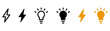 © icons gate - Energy and idea icon set with lightning bolt and light bulb icons symbols in outline, filled, and orange styles. Minimal vector collection isolated on white for app and web design.