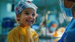 © FANTASY WORLD - Young patient wearing a colorful surgical cap smiles at a masked surgeon before a procedure.