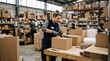 © Biggy - Warehouse Worker Packing Boxes in a Busy Distribution Center with Cardboard Cartons