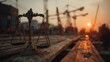 © RIZKY - Ornate brass scales of justice resting on wooden planks at a construction site with silhouettes of industrial cranes under a golden sunset