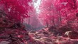 © AbstractAI - Pink autumn forest with rocky path and scattered leaves