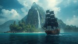 There is a pirate ship in the middle of the ocean near a waterfall