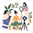 © Magnus - Flat vector illustration of a female yoga influencer recording a video tutorial with a production crew.