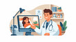 © handoto - A doctor in a white coat smiles while showing something on a computer screen to a patient lying in bed