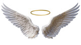 Isolated beautiful white angel wings and a radiant golden halo symbolizing purity and divinity