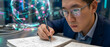 © Mageeri - Focused professional analyst sketching insights from holographic global data visualization in a modern tech office