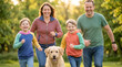 © Aurora Aesthetics - happy family park parents children outdoor lifestyle together joy smiling family of four runs on grass with warm sunlight and playful everyday togetherness for parenting campaigns family services
