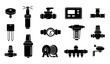 © MdShagarAli - Garden Irrigation and Automatic Watering System Icon Set featuring Sprinkler, Valve, Timer, Pressure Regulator, and Pipe Fittings Elements for Lawn Care Vector