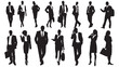 © M - Businesspeople silhouettes performing diverse professional activities including talking on phones and walking with briefcases to depict a busy corporate atmosphere in a modern office setting today.