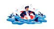 © Willian - Worried businessman wearing a formal suit and tie floating on a lifebuoy while surrounded by sharks in dangerous waters.