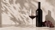 © thiago - A bottle of red wine and a filled glass sitting on a marble countertop with fresh grapes, accented by soft leaf shadows in a minimalist, elegant aesthetic.
