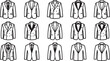 © Mahafuz - Set of various men suit jacket icons and formal tuxedo blazer designs in black and white line art