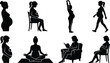 © Hello World - Silhouette illustrations of pregnant women in various poses highlighting mindfulness, relaxation, and daily activities