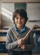 © KIMOG - Smiling pupil standing in school corridor with backpack ready for learning