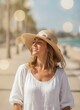 © KIMOG - Cheerful Woman Enjoying Summer Vacation Walking on Tropical Beach
