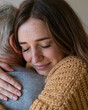 © lashkhidzetim - Young woman hugs elderly man tenderly. Her eyes are closed, smiling softly. The man rests his head gently against her. Warm, textured sweater frames the embrace. Soft lighting highlights natural