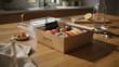© Jaynal - Stunning photo of Delicious fresh sushi and sashimi platter in a branded take-out box on a wooden table.