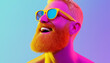 © Ina Krel - Creative portrait of a smiling bearded man with vibrant pink skin, blond hair, colorful sunglasses, and bold pop art styling on a pastel gradient background.