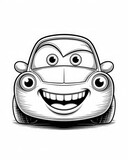 Black and white cartoon car with big eyes and wide grin