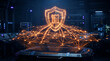 © Nahid - Digital shield icon with glowing network connection lines representing data protection and cybersecurity technology