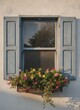 © KIMOG - Old Window with Open Blue Wooden Shutters on Rustic European House Facade