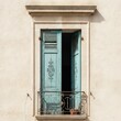 © KIMOG - Old Window with Open Blue Wooden Shutters on Rustic European House Facade